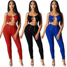 New Arrival 2021 Summer Set Solid Ruched Club Wear Sexy Hollow Halter Short Top Two Piece Pant Set